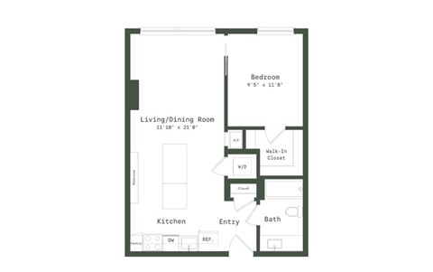 Floor plan for 1 bed, 1 bath, 681 sqft